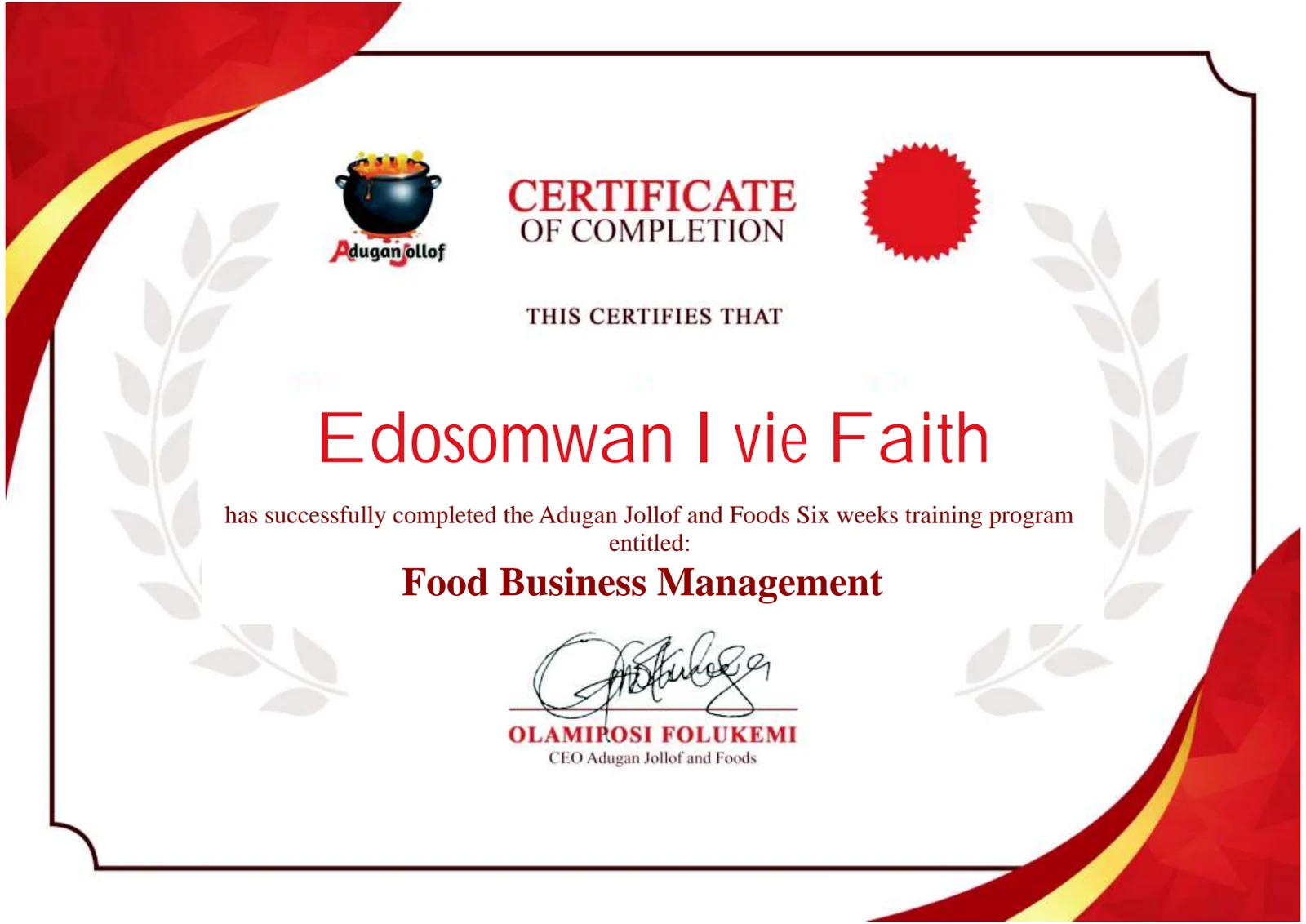 Food Business Management certificate awarded to Edosomwan Ivie Faith