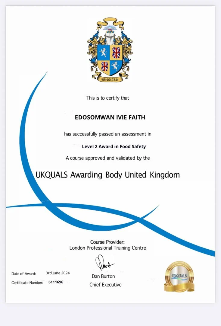 Level 2 Award in Food Safety certificate awarded to Edosomwan Ivie Faith